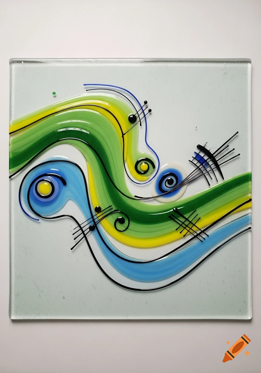 Abstract fused glass art with swirling green, yellow, and blue bands, accented by black lines and dots, on a white background.