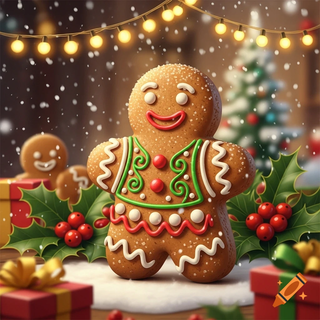 A cheerful, decorated gingerbread man stands in a festive snowy Christmas scene with string lights, holly, and gifts.