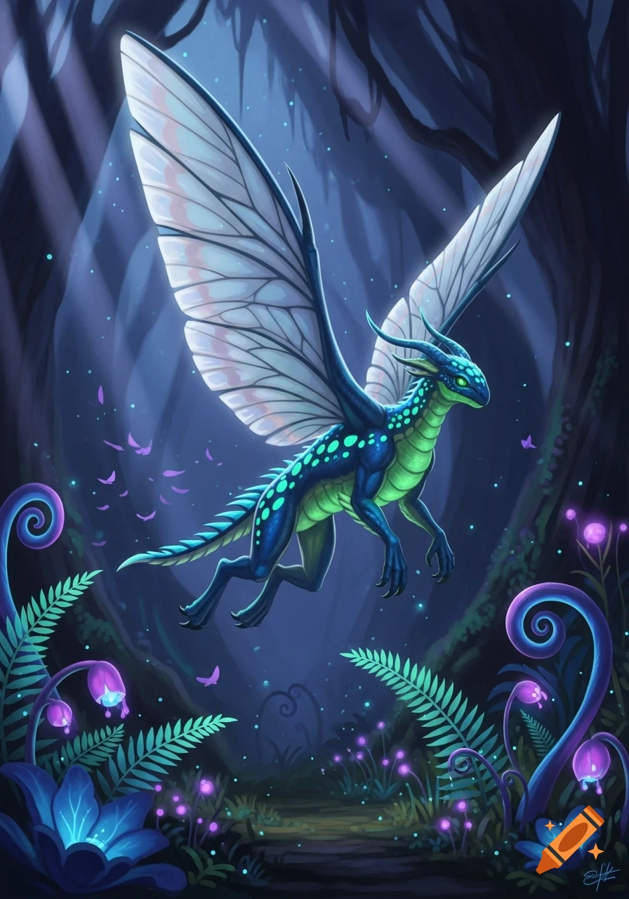 A vibrant blue and green dragon-like creature with delicate butterfly wings flies through a dark, glowing magical forest.