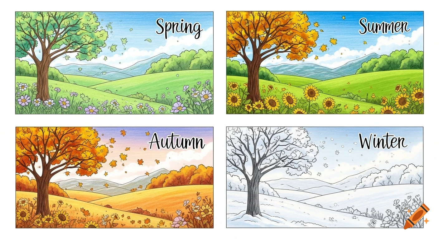 Four panels illustrate the seasons in a hand-drawn, colored pencil style: Spring with green trees and flowers, Summer with yellow leaves and sunflowers, Autumn with orange foliage, and Winter with a bare tree and snow.