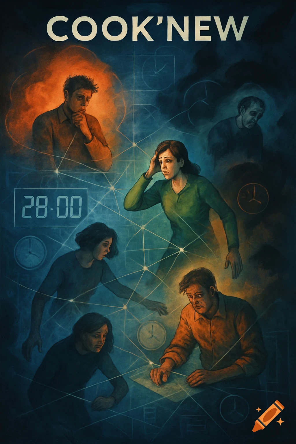An illustration of people looking stressed, surrounded by clocks and glowing lines, with 'COOK'NEW' and '28:00' text.