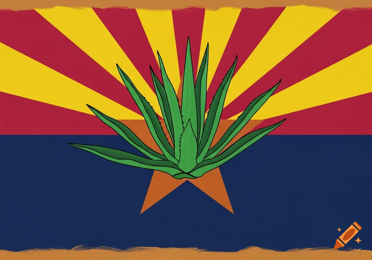 A stylized illustration of the Arizona flag with an agave plant replacing the central star.