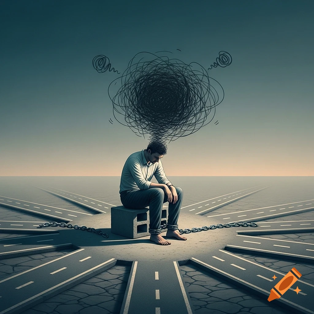 A man sits dejectedly at a barren crossroads, chained to a concrete block, with a chaotic scribble representing his thoughts above his head.