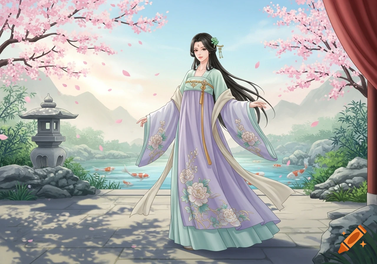 Anime illustration of a woman in a purple and green traditional dress, standing in a cherry blossom garden with koi fish in a pond.