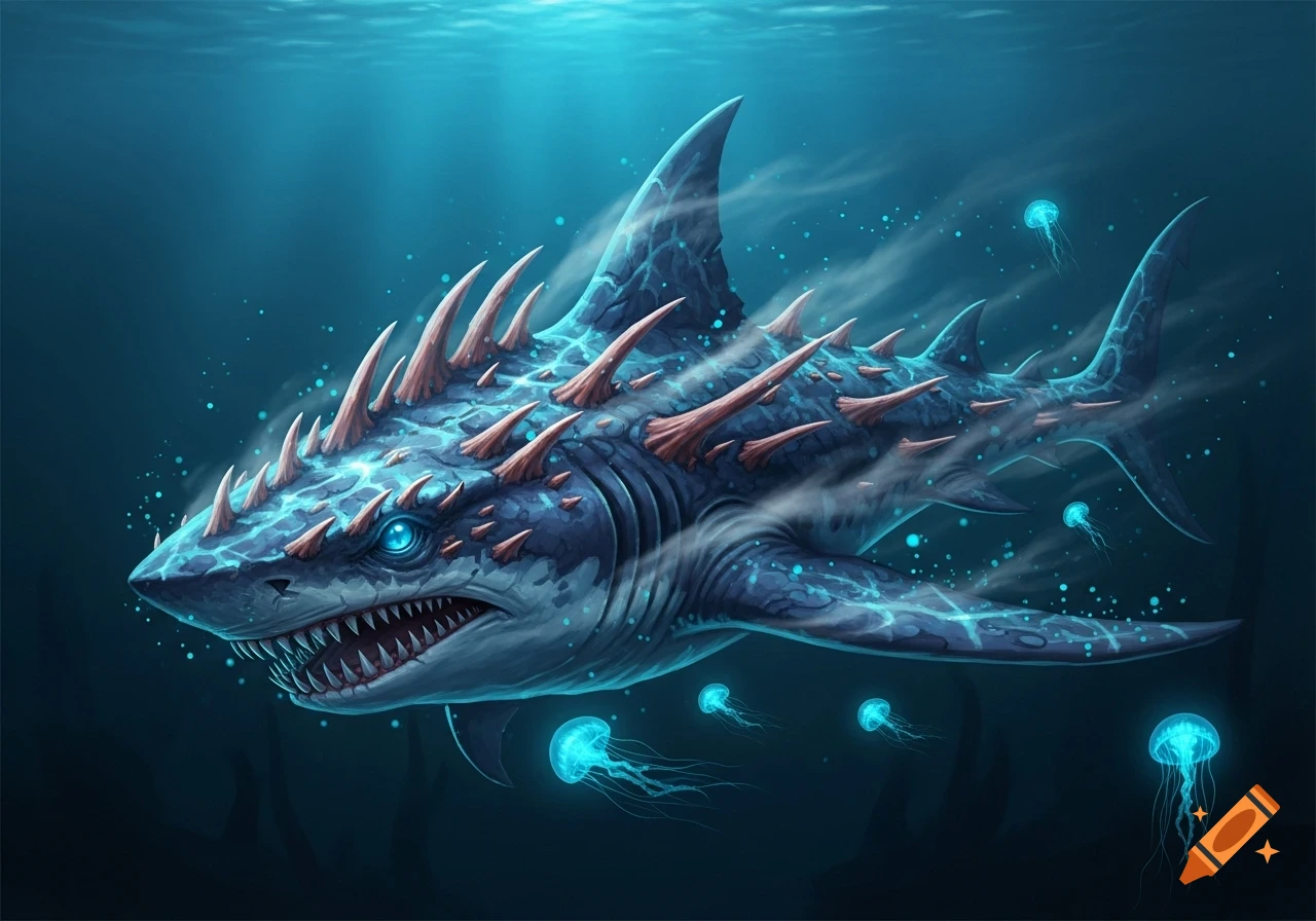 A terrifying, spiky blue shark creature with glowing eyes swims in dark ocean depths among luminous jellyfish.
