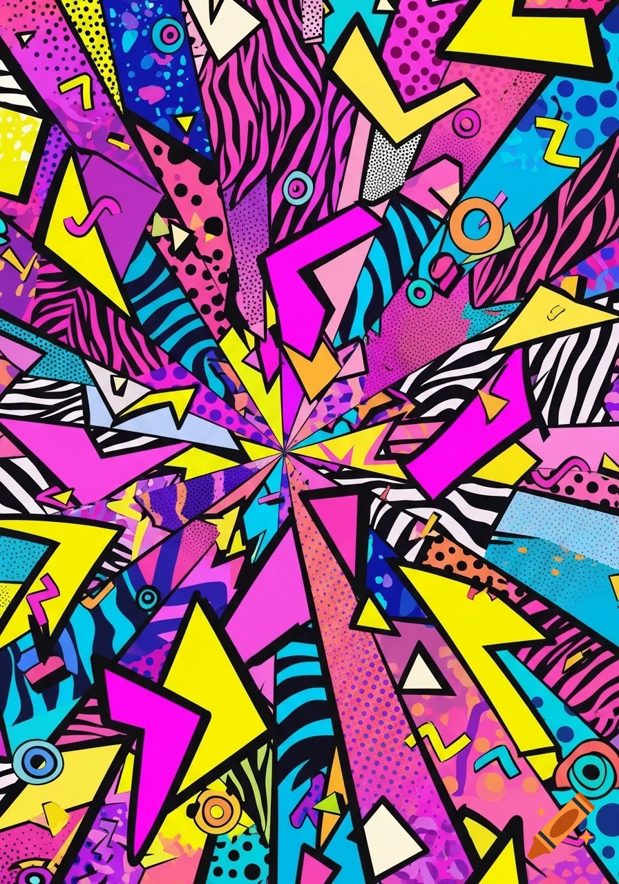 Vibrant 1980s abstract pattern with neon pink, yellow, blue, and purple geometric shapes, polka dots, and zebra stripes radiating from the center.