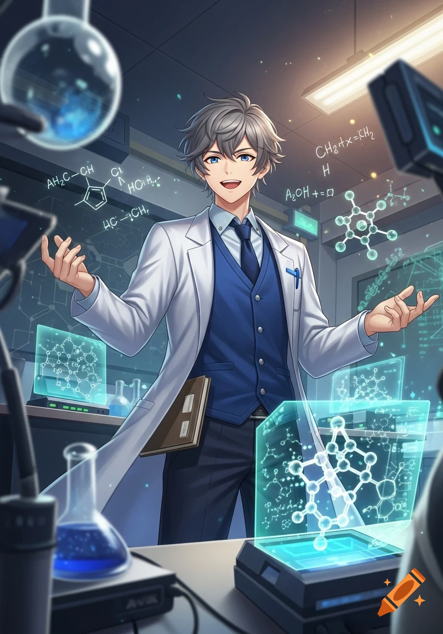 An anime-style male science teacher with gray hair and blue eyes stands in a high-tech lab, surrounded by chemical formulas and glowing holographic molecular structures.