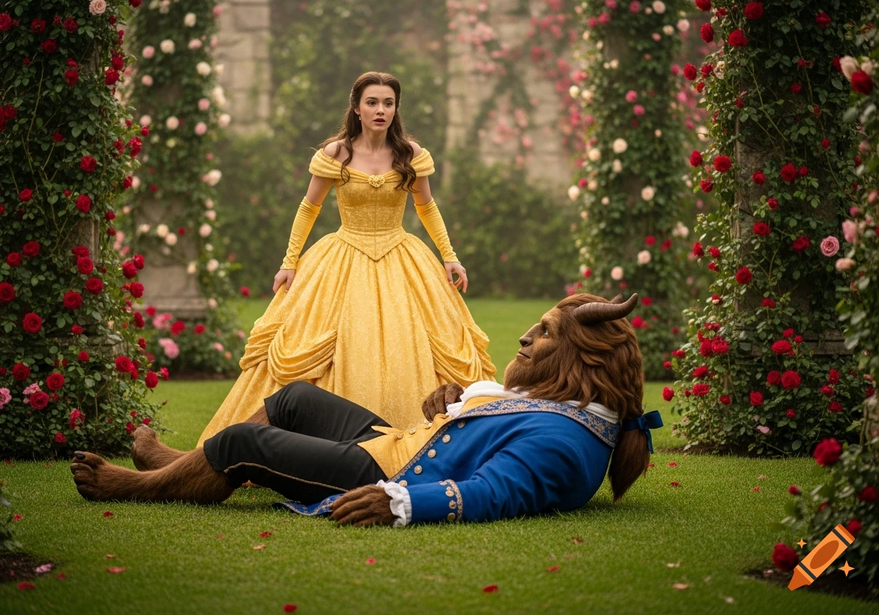 Belle in a yellow gown stands shocked over the Beast lying in a vibrant rose garden, photorealistic style.