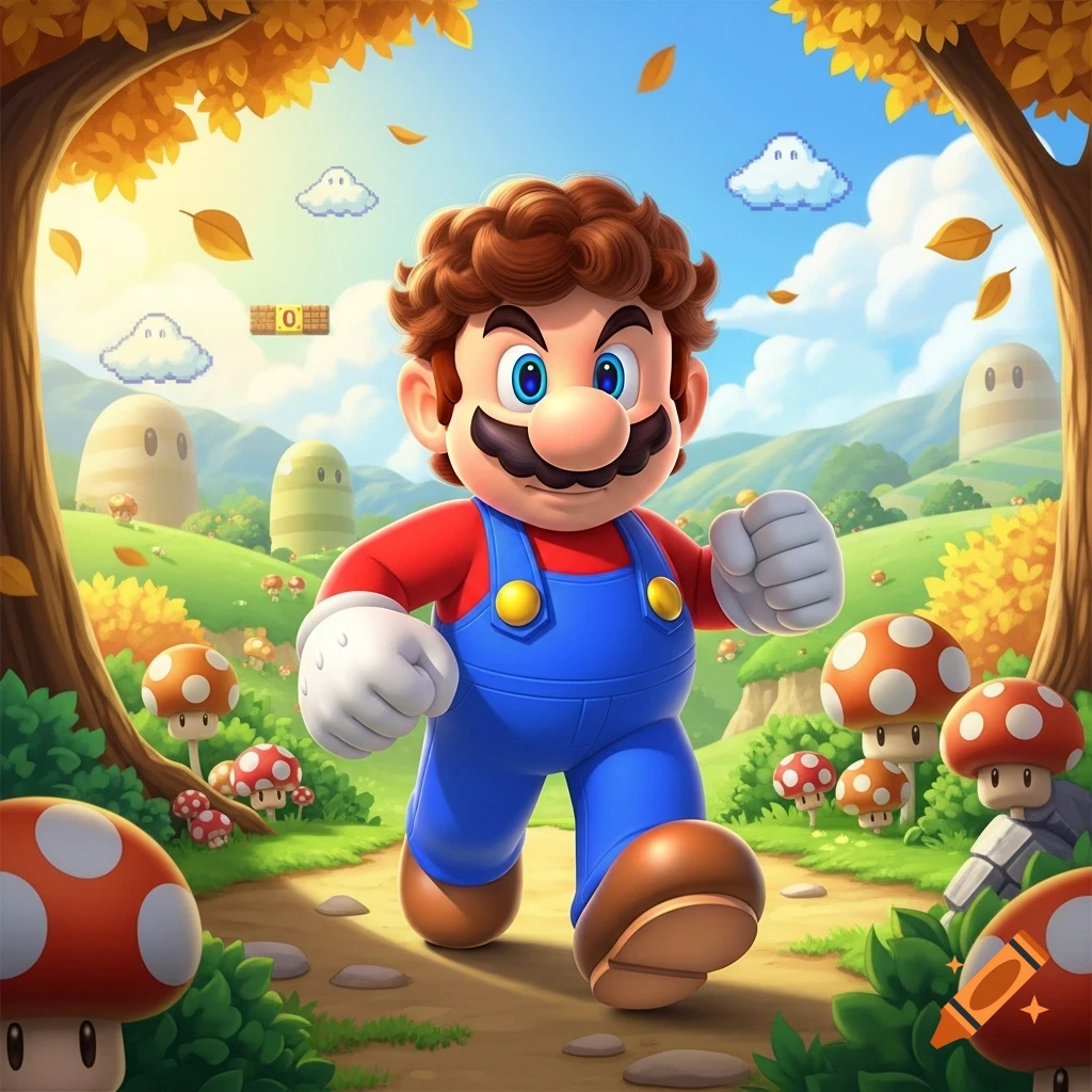 Mario, without his hat, runs on a path through a vibrant autumn video game landscape with mushrooms and pixelated clouds.