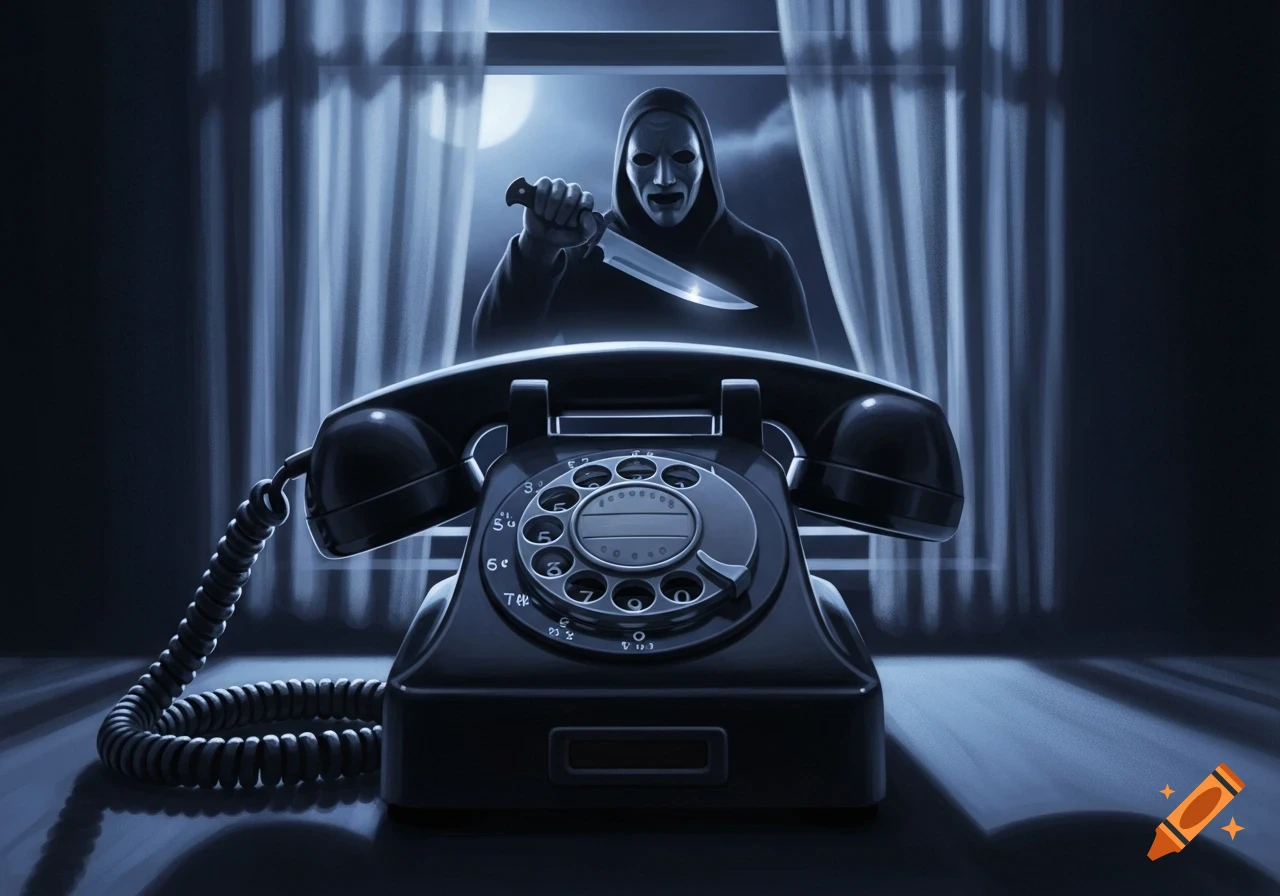 A stylized horror illustration of a masked killer with a knife appearing behind an old rotary telephone, with a full moon visible through a window.