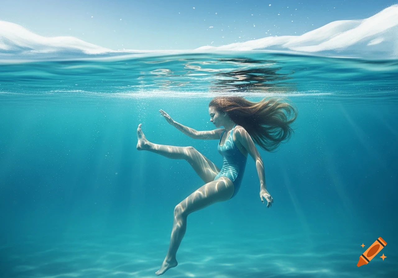 A woman in a blue swimsuit with long hair floats underwater, with white ice or snow visible above the water's surface.