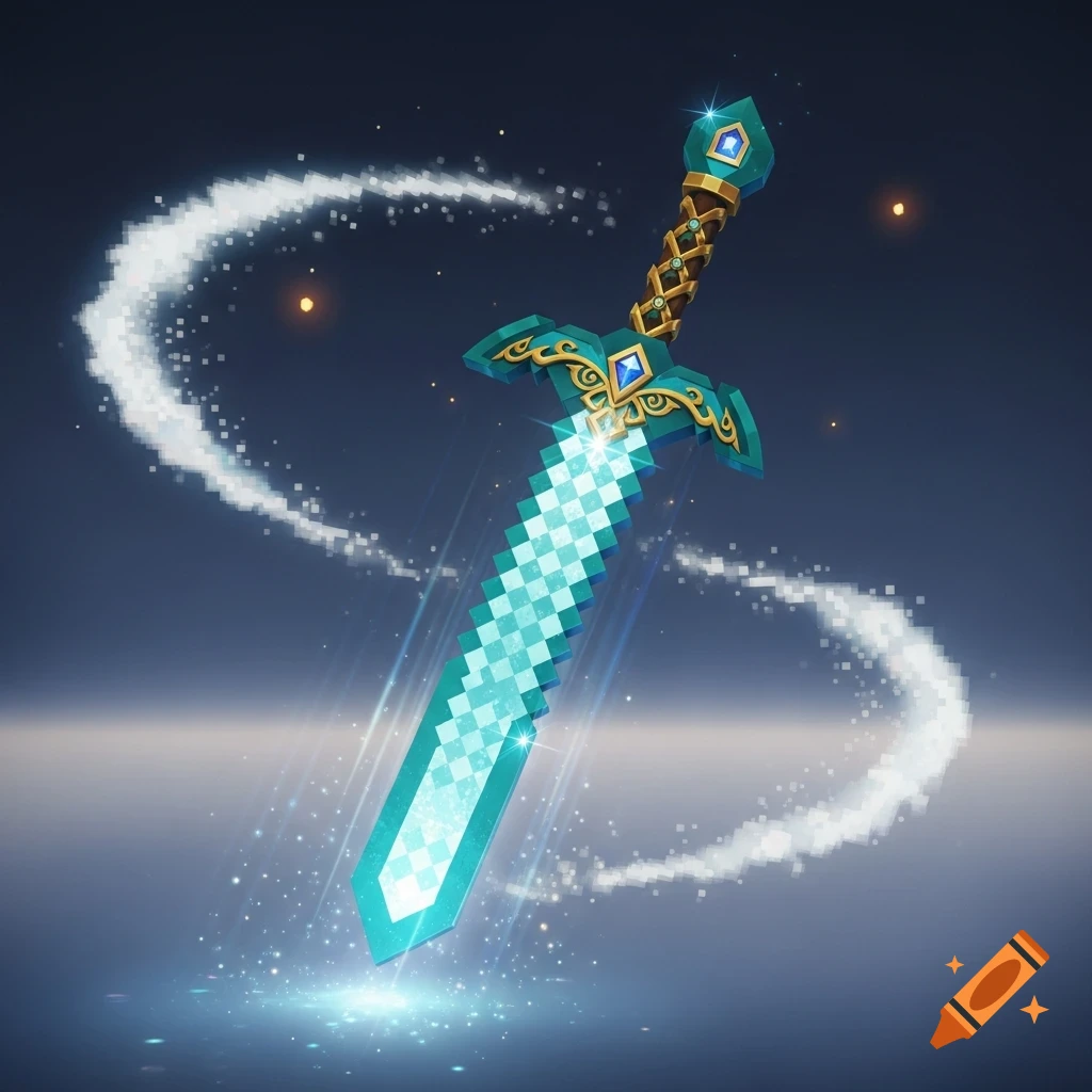 A glowing Minecraft-style diamond sword with intricate fantasy hilt, surrounded by pixelated light trails on a dark background.