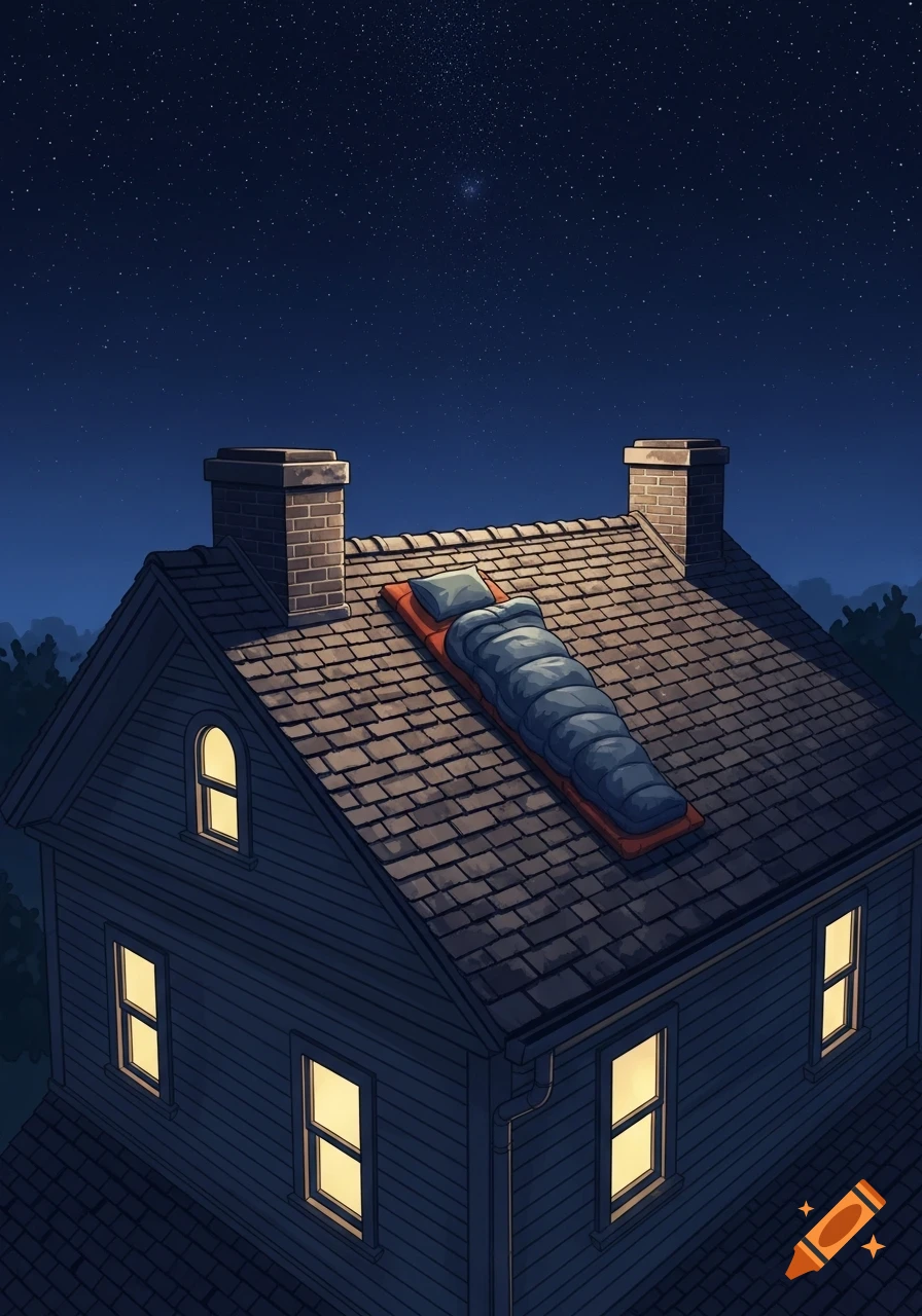 An illustration of a sleeping bag and pillow on the roof of a house at night, under a dark starry sky.