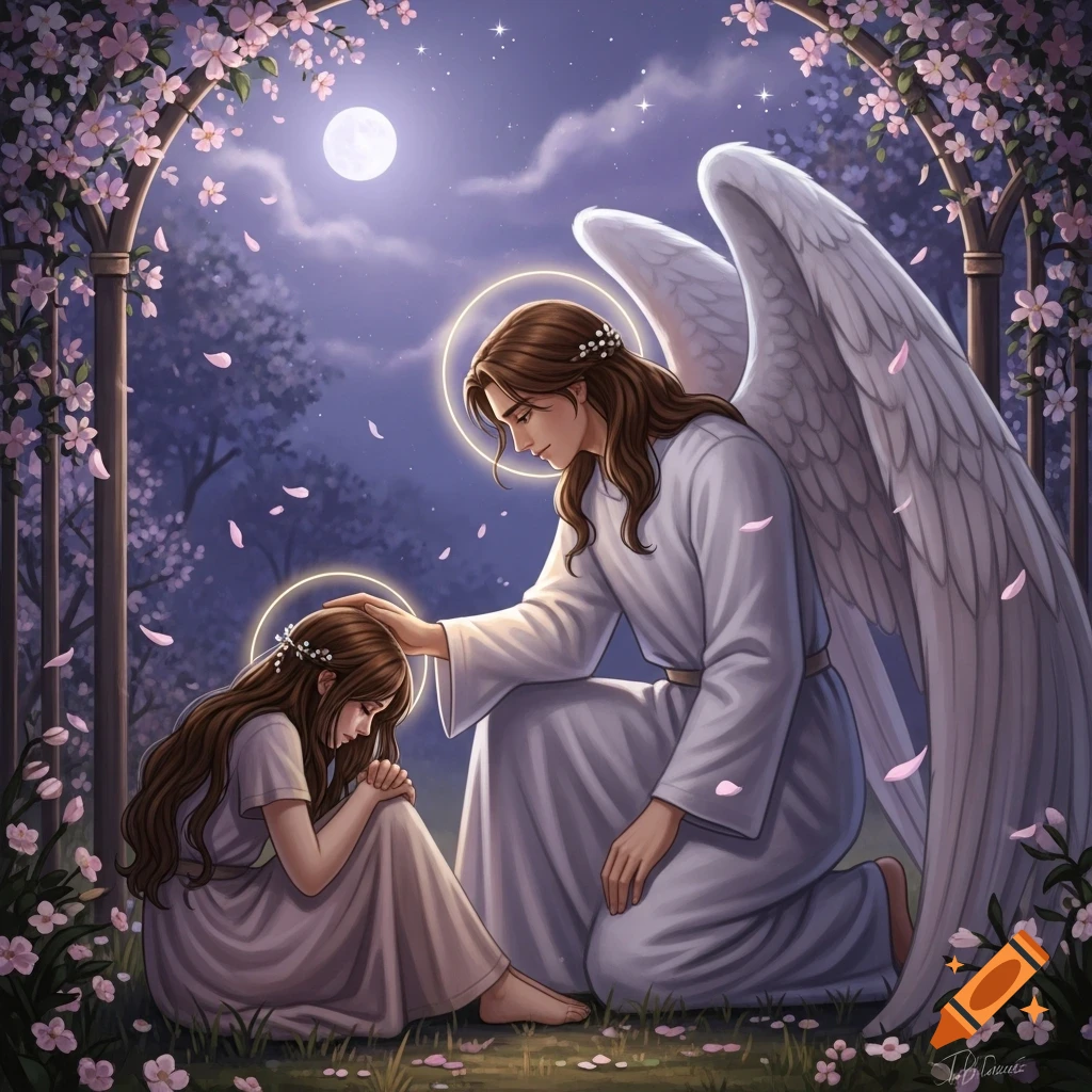 An angel with long brown hair and white wings kneels, comforting a sad girl under a flowering archway at night, a full moon shining.