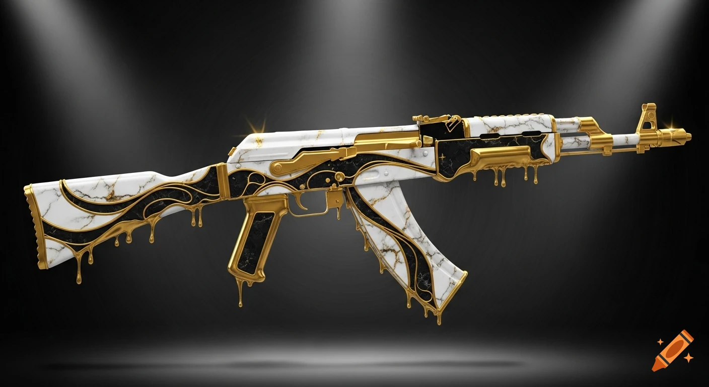 A stylized AK-47 rifle in white marble with black veins, gold accents, and gold dripping effects, against a dark background.