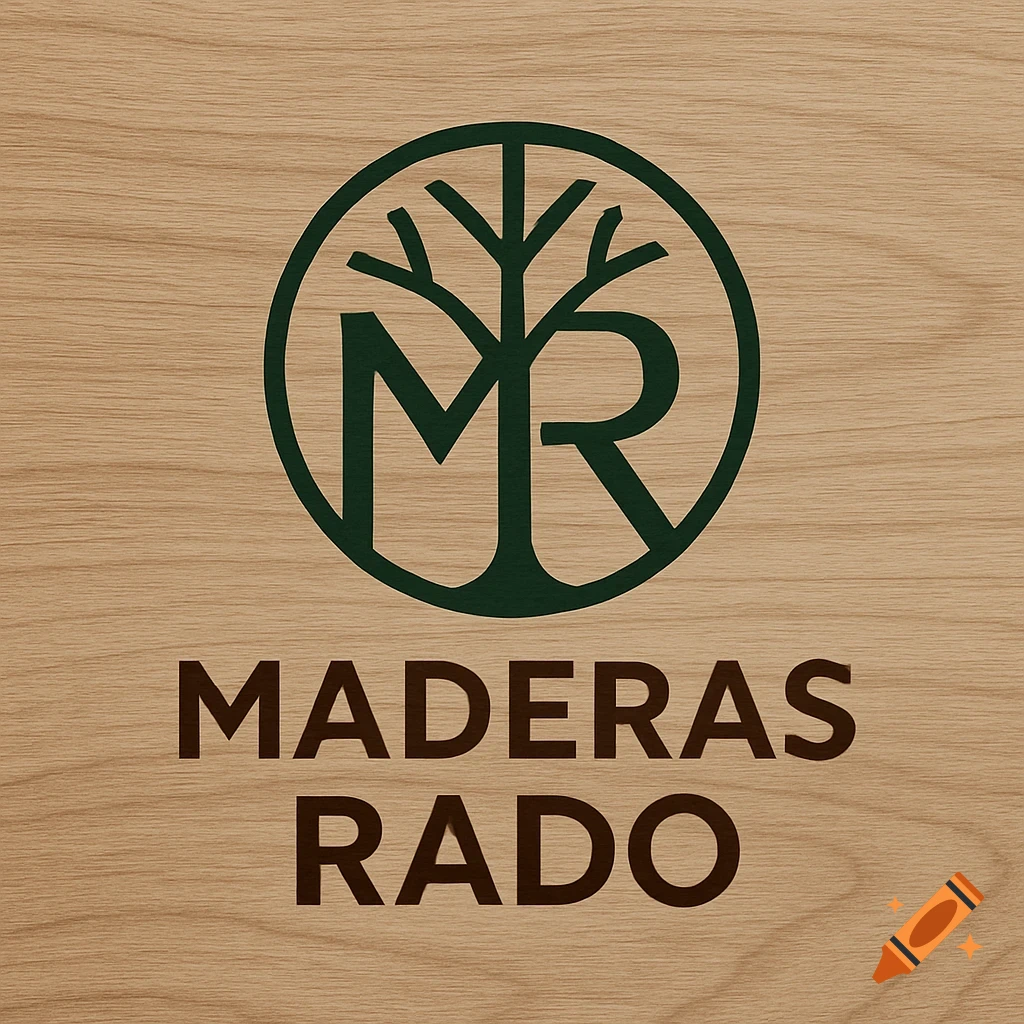 A dark green logo featuring a tree design intertwined with the letters M and R, above the words 'MADERAS RADO' in dark brown, all on a light wood background.