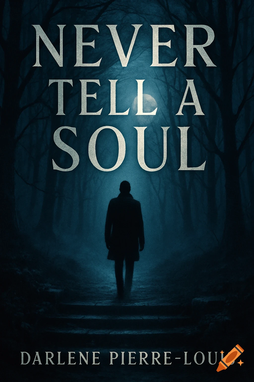 Dark book cover for 'NEVER TELL A SOUL' by Darlene Pierre-Louis, showing a silhouette of a person in a foggy, moonlit forest.