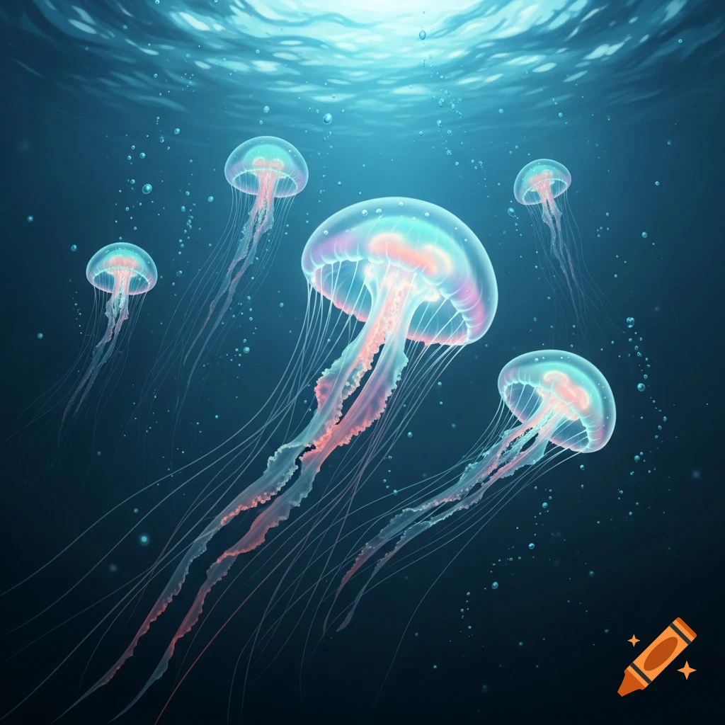 Glowing jellyfish with long tentacles swim in deep blue water with light filtering from the surface.