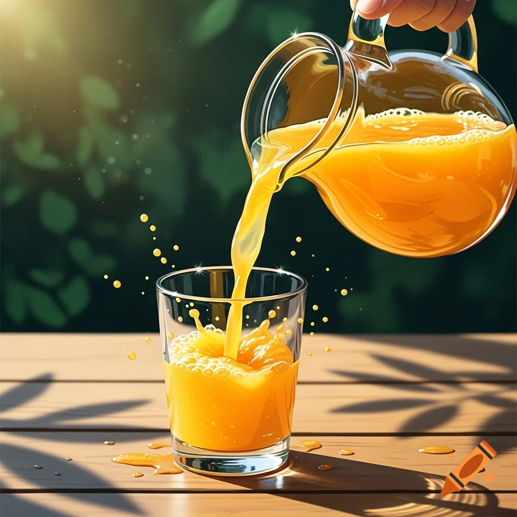 Orange juice splashes as it's poured from a pitcher into a glass on a sunny wooden table.