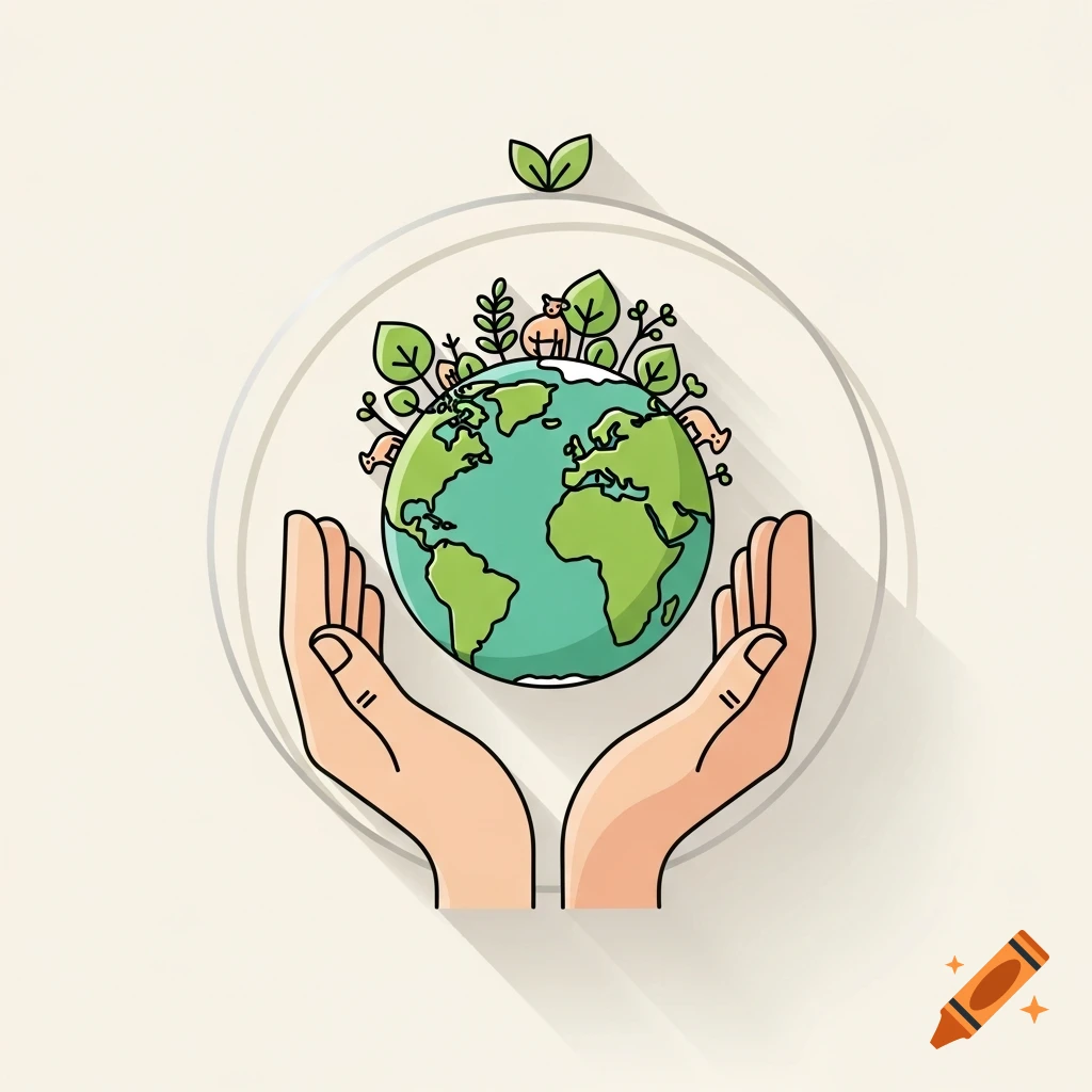 Two hands gently cup the Earth, which is covered in green continents, plants, and tiny animals, styled as a clean eco icon.