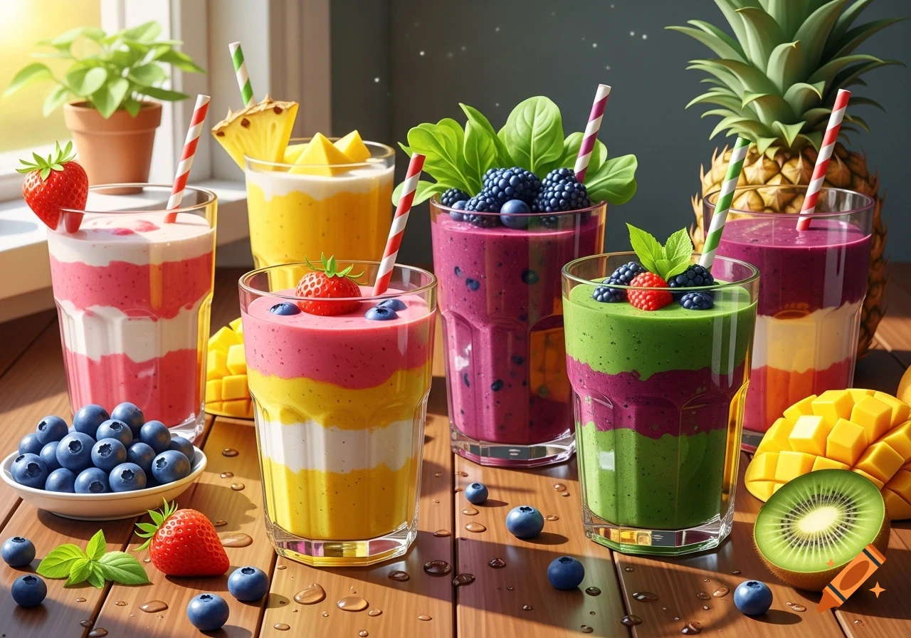 Assortment of vibrant, layered fruit smoothies with fresh fruits like strawberries, blueberries, pineapple, mango, and kiwi on a wooden table.