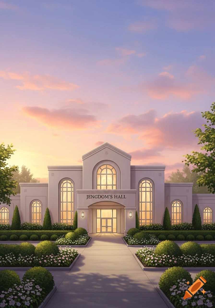 An illustration of a bright, modern hall with the sign "JENGDOM'S HALL" at sunset, surrounded by manicured shrubs and white flowers.