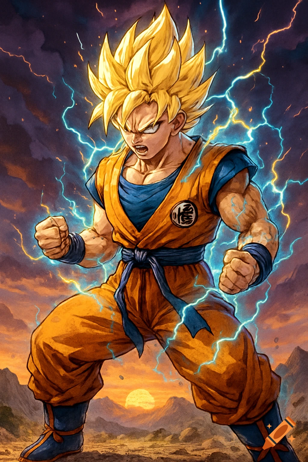 Super Saiyan Goku in an intense fighting stance, surrounded by lightning, against a dynamic sunset landscape in anime style.