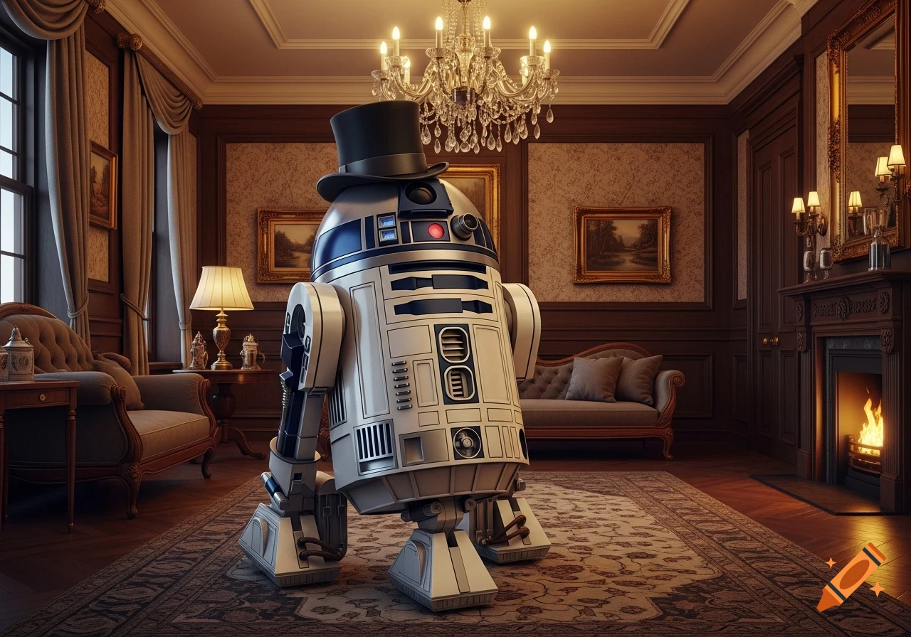 R2-D2 wearing a black top hat stands in a luxurious, photorealistic room with a grand chandelier and a lit fireplace.