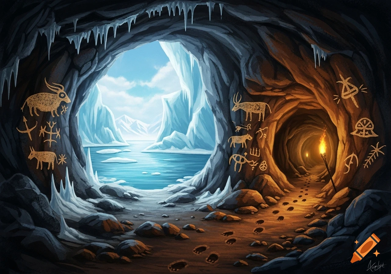 An icy cave entrance with a lake and mountains outside, contrasting with a warm torch-lit tunnel inside featuring ancient cave paintings.