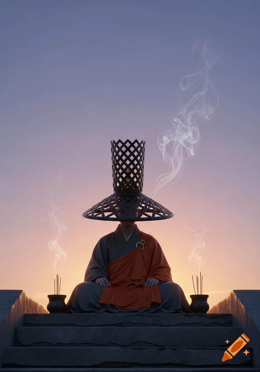 A figure in monk robes with a modern tengai-gasa hat meditates on stone steps, incense smoke rising against a sunset sky.