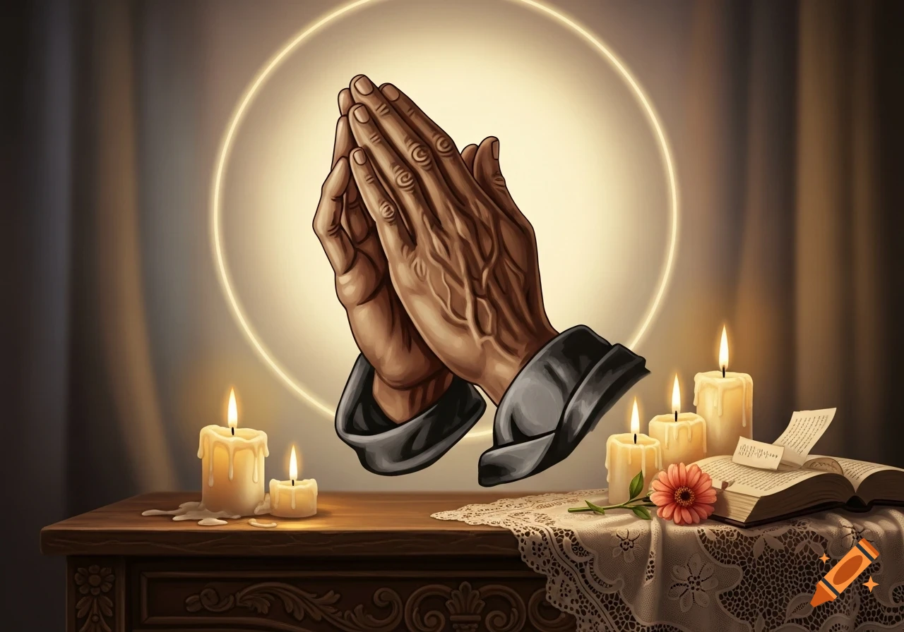 Stylized image of praying hands above a wooden table with lit candles, an open book, and a pink flower, encircled by a glowing halo.