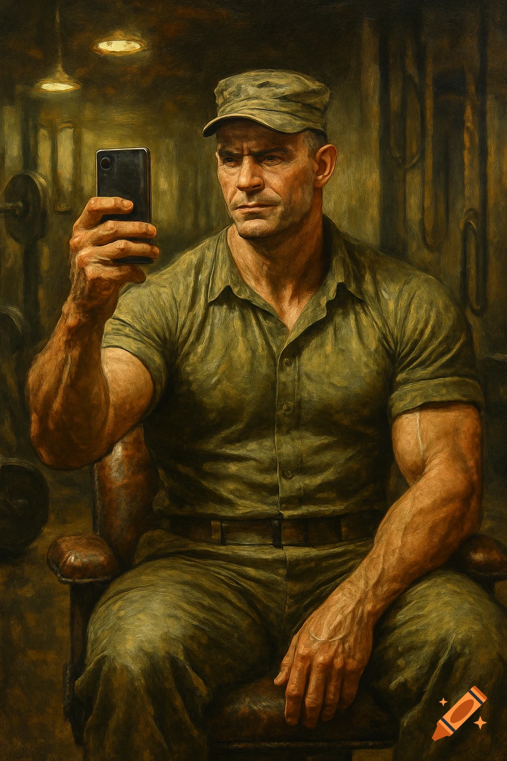 Oil painting of a muscular man in a military uniform taking a selfie with a black smartphone in a dimly lit gym.