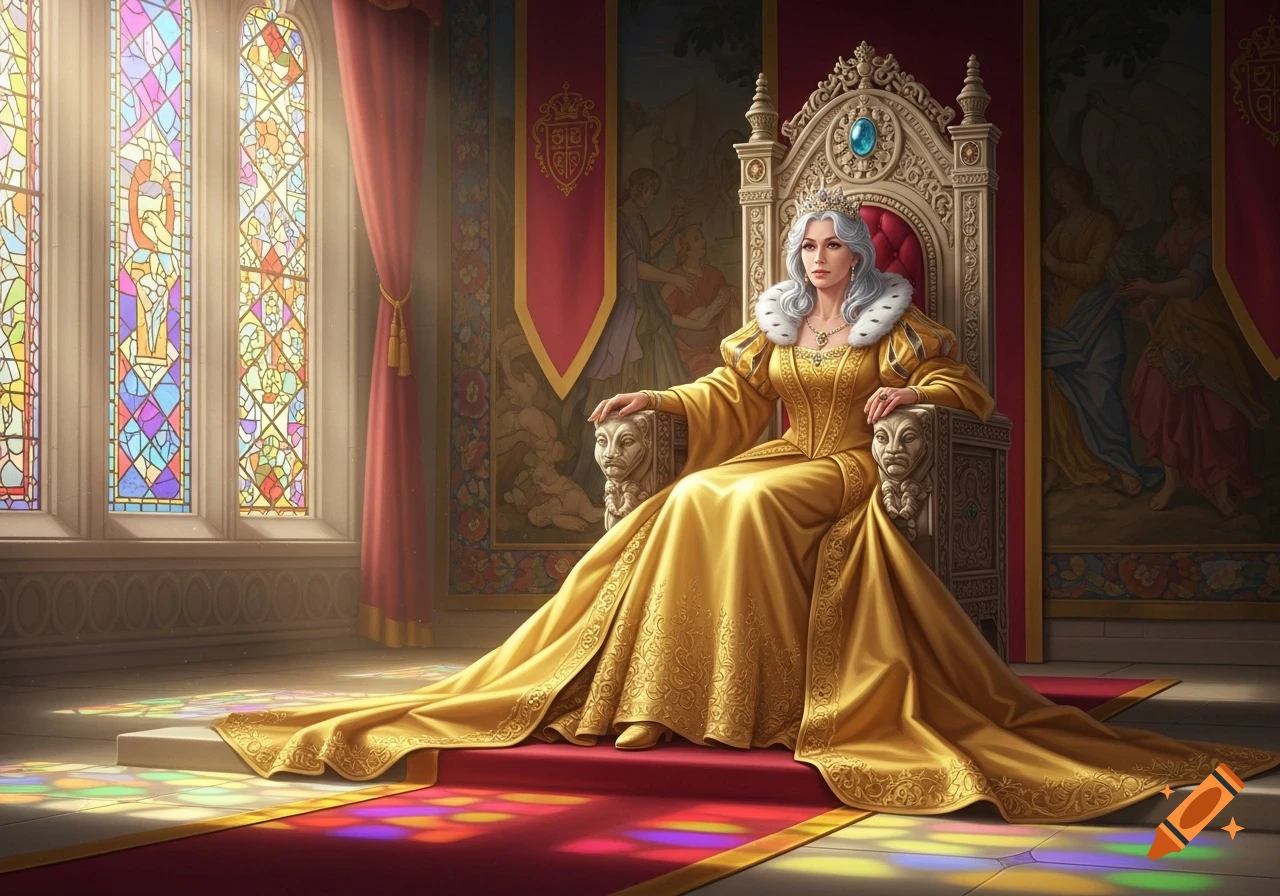 A queen with white hair and a crown, wearing a long golden dress and fur stole, sits elegantly on an ornate golden throne in a grand hall with stained glass windows.