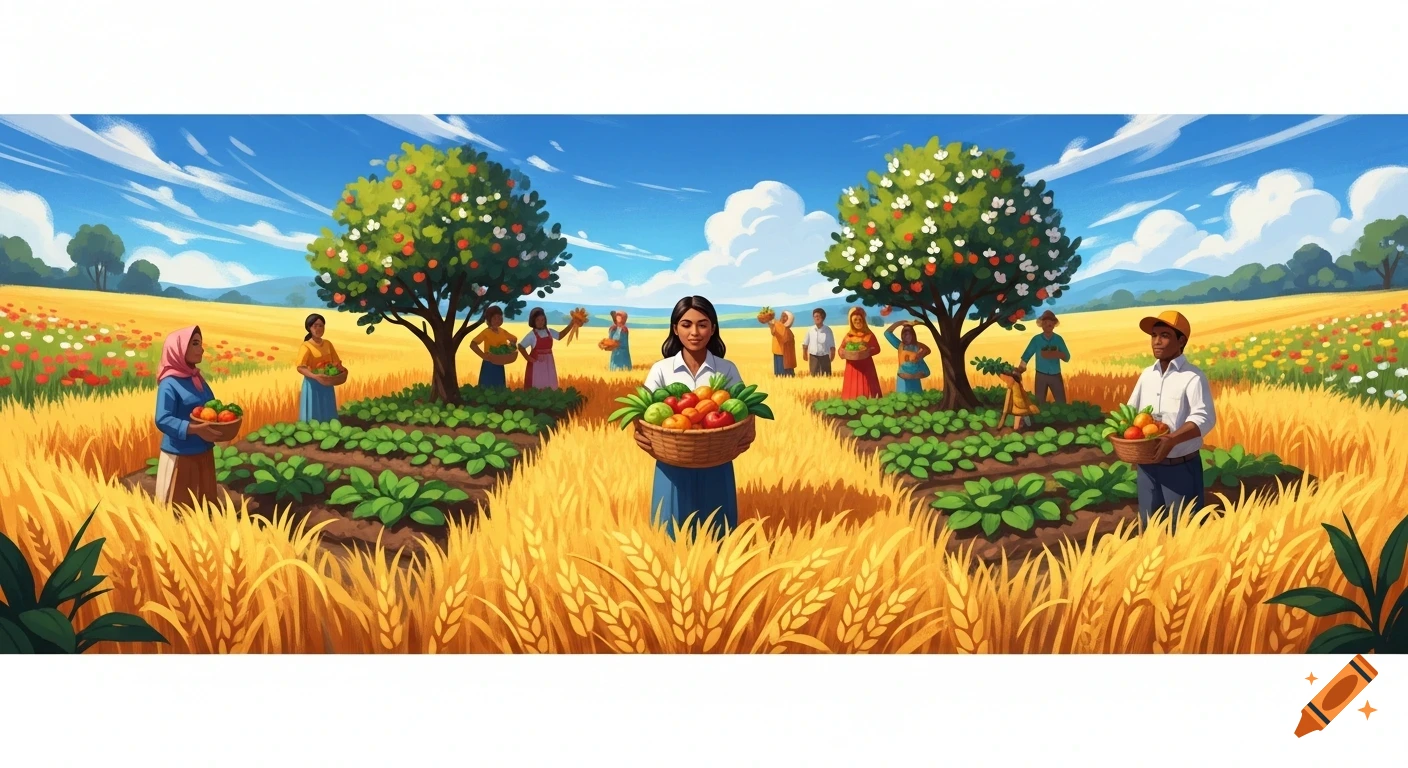 A vibrant illustration of diverse people harvesting fruits and vegetables in a sunny field with golden wheat and fruit trees.
