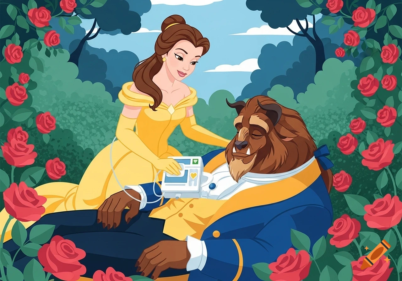 Belle in a yellow gown places an AED on the Beast, who is lying with eyes closed amidst a vibrant red rose garden in an illustration style.