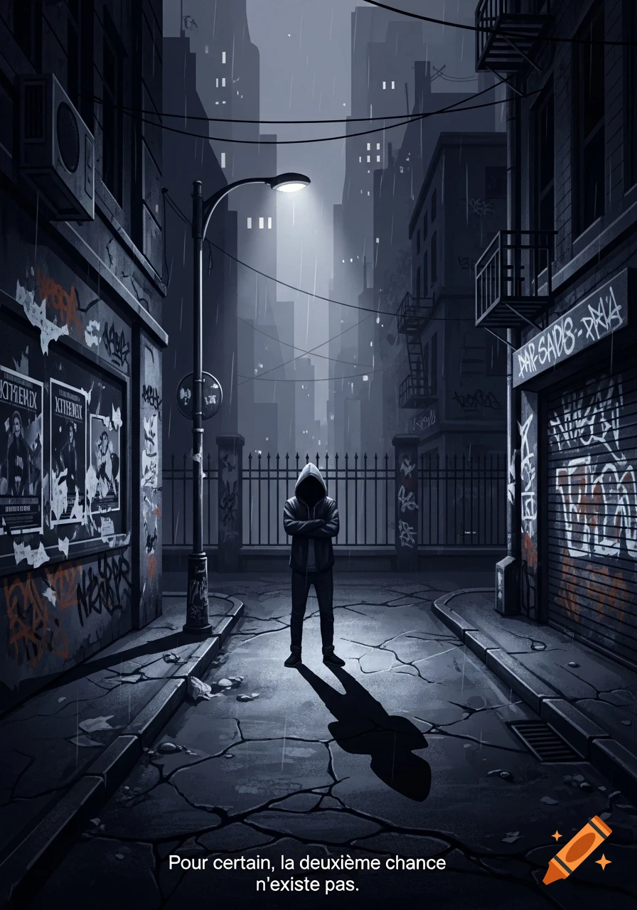 A lone hooded figure stands in a dark, rainy alleyway between grimy buildings with graffiti, lit by a streetlamp.
