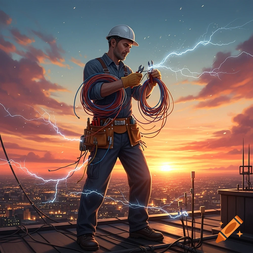 An electrician in a hard hat and tool belt holds wires with electricity sparking, standing on a city rooftop at sunset.