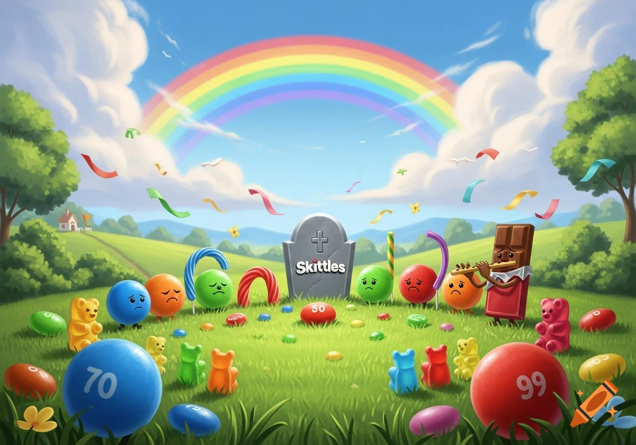Cartoon scene of colorful candies mourning a Skittles tombstone with a rainbow in the sky, in a grassy field.