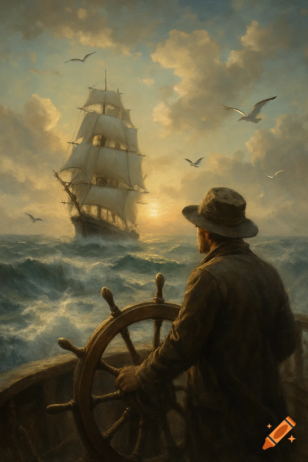 A man at the helm of a ship, looking towards a tall ship on a stormy sea at sunset, in a painterly style.