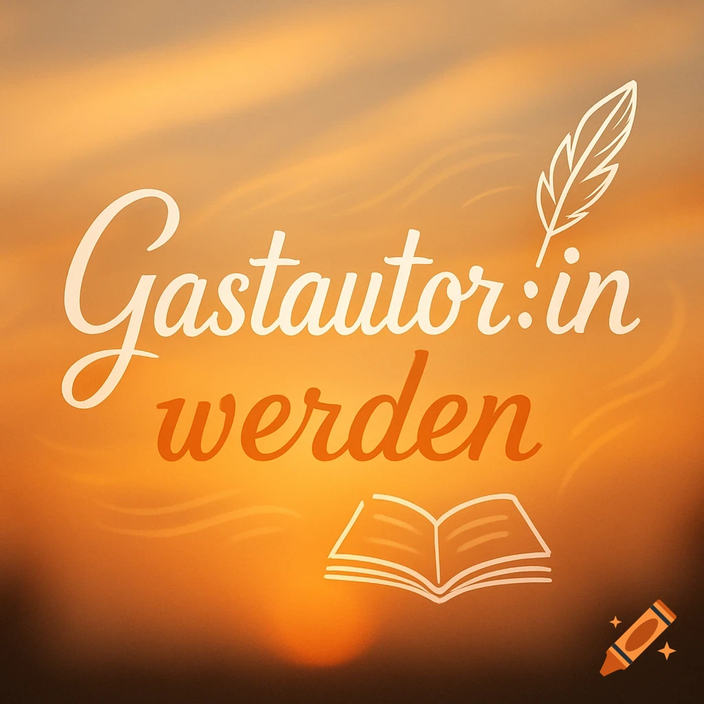 White and orange text "Gastautor:in werden" with a quill and an open book over a blurred golden sunset background.
