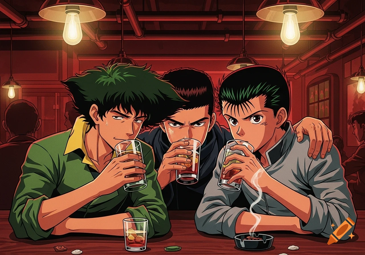 Anime characters Spike Spiegel, Kaneda, and Yusuke Urameshi drink at a dimly lit bar in a red and green palette.