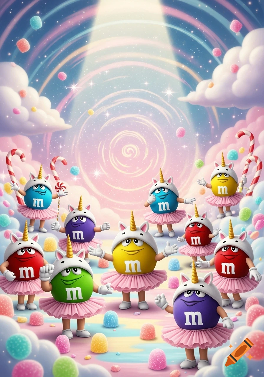 Colorful cartoon M&M's characters wearing pink tutus and unicorn hats, surrounded by candies in a whimsical sky.