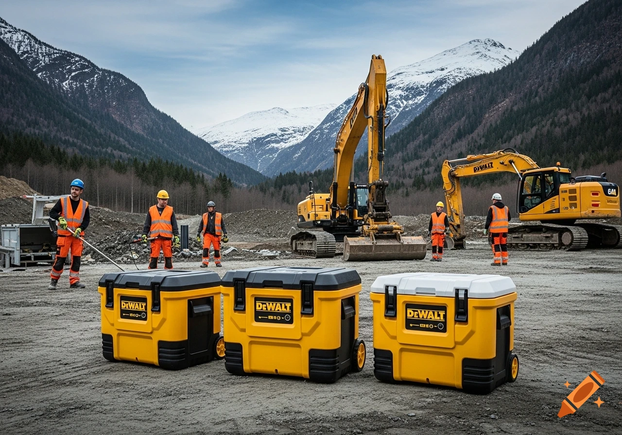 Photorealistic image of yellow and black DEWALT electric coolers on a construction site with workers, excavators, pine forest, and snowy mountains in the background.