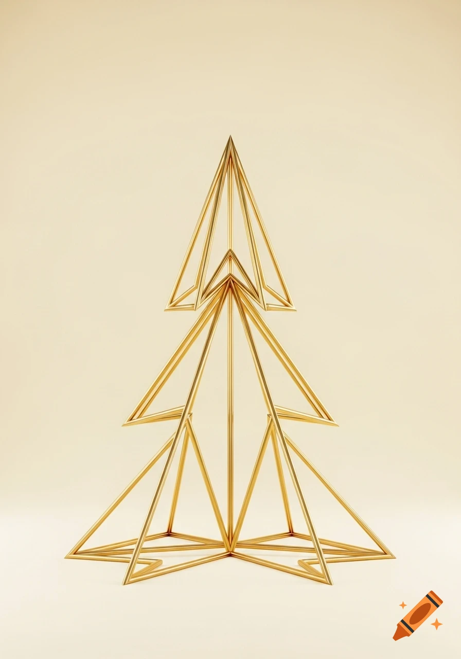 A minimalist, geometric Christmas tree sculpture made of shiny golden lines on a light beige background.
