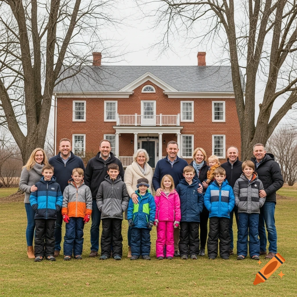 A large family portrait with adults and children standing on a green lawn in front of a red brick house, flanked by bare trees, in a photorealistic style.