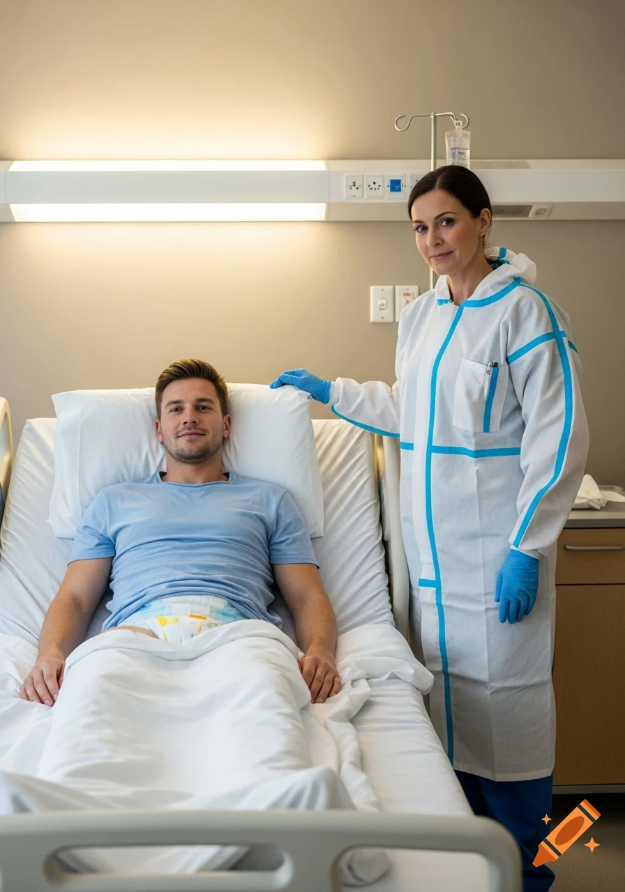 Male patient in a blue shirt and adult diaper lies in a hospital bed, a nurse in a white protective suit with blue accents stands nearby.