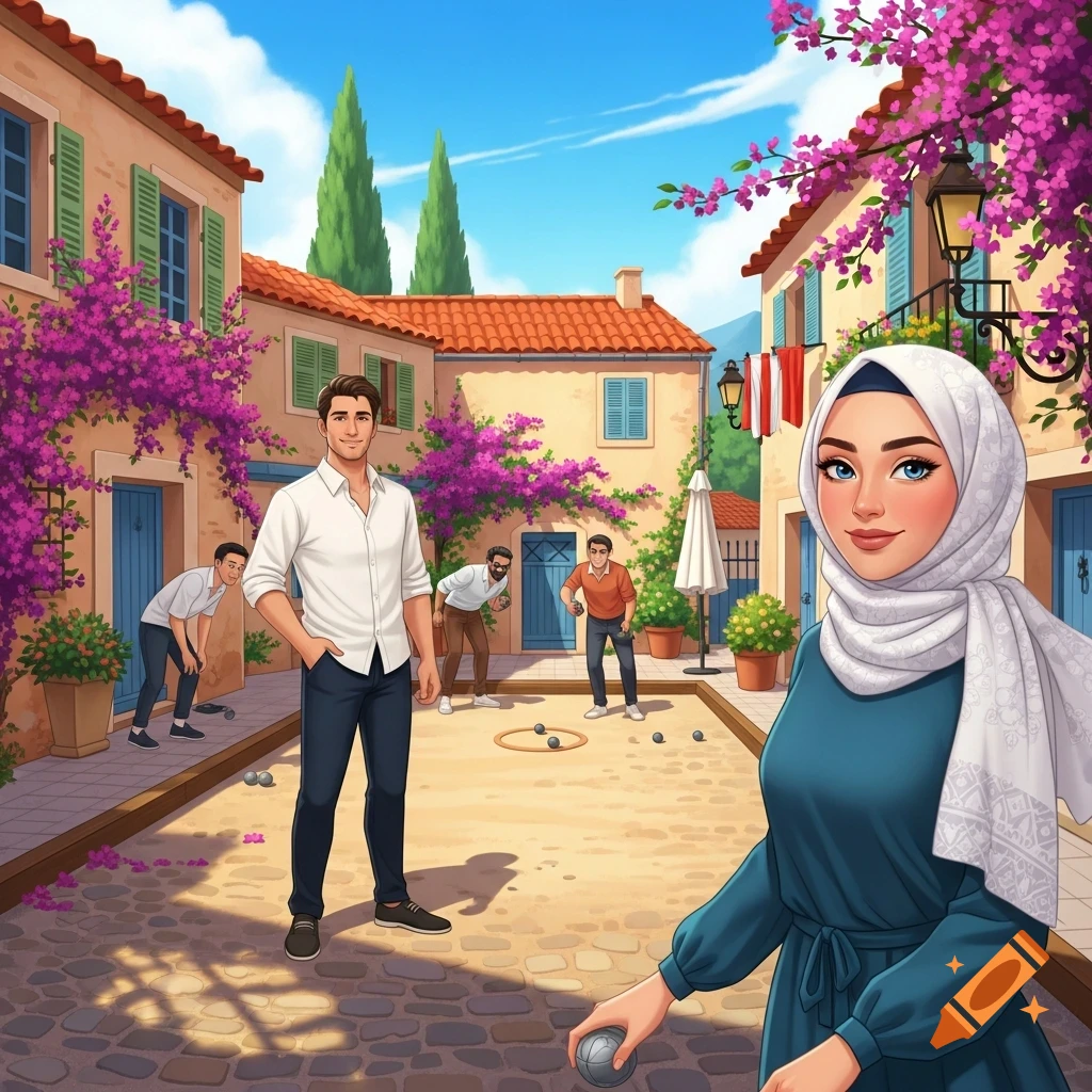 Illustrated scene of a woman in a hijab and a man smiling in a sunny village square where others play pétanque among colorful buildings.