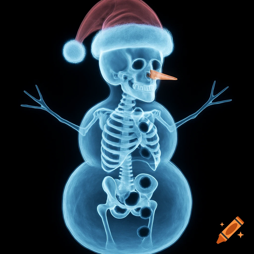 X-ray style snowman with a human skeleton inside, wearing a Santa hat, carrot nose, and coal buttons, against a black background.