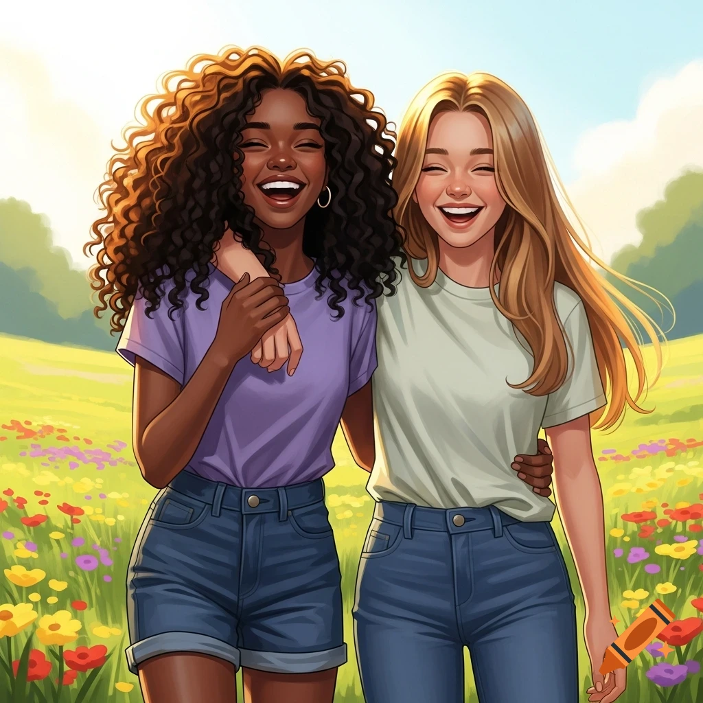 Two smiling cartoon women, one with dark curly hair and one with blonde hair, embrace in a sunny field of flowers.