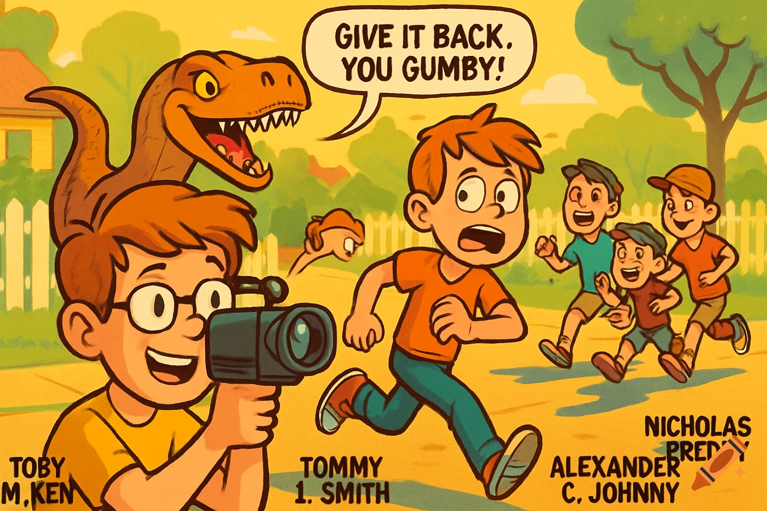 A cartoon scene shows a boy with a video camera and a raptor observing another boy running scared from three bullies, with names labeled.